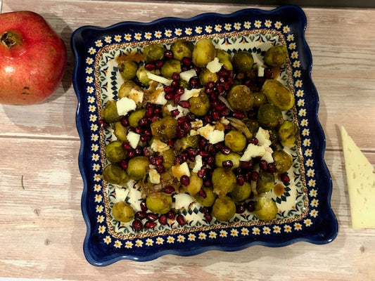Roasted balsamic brussels sprouts with pomegranate and manchego