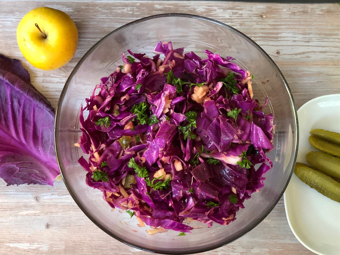 red cabbage salad with apples and pickles