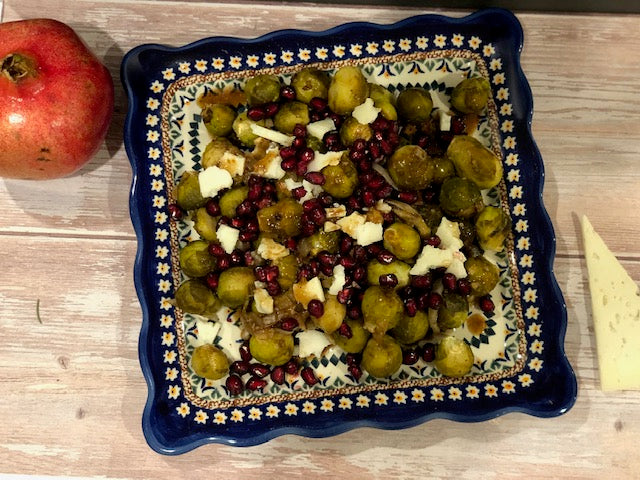 Roasted balsamic brussels sprouts with pomegranate and manchego